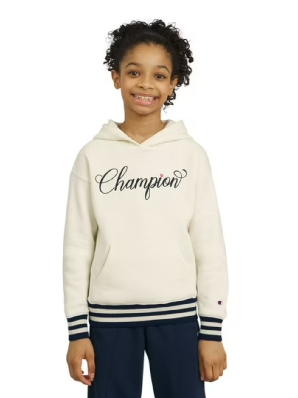 Champion Girls Size 6x Logo Fleece Hoodie Cream with Navy Trim and Script Logo